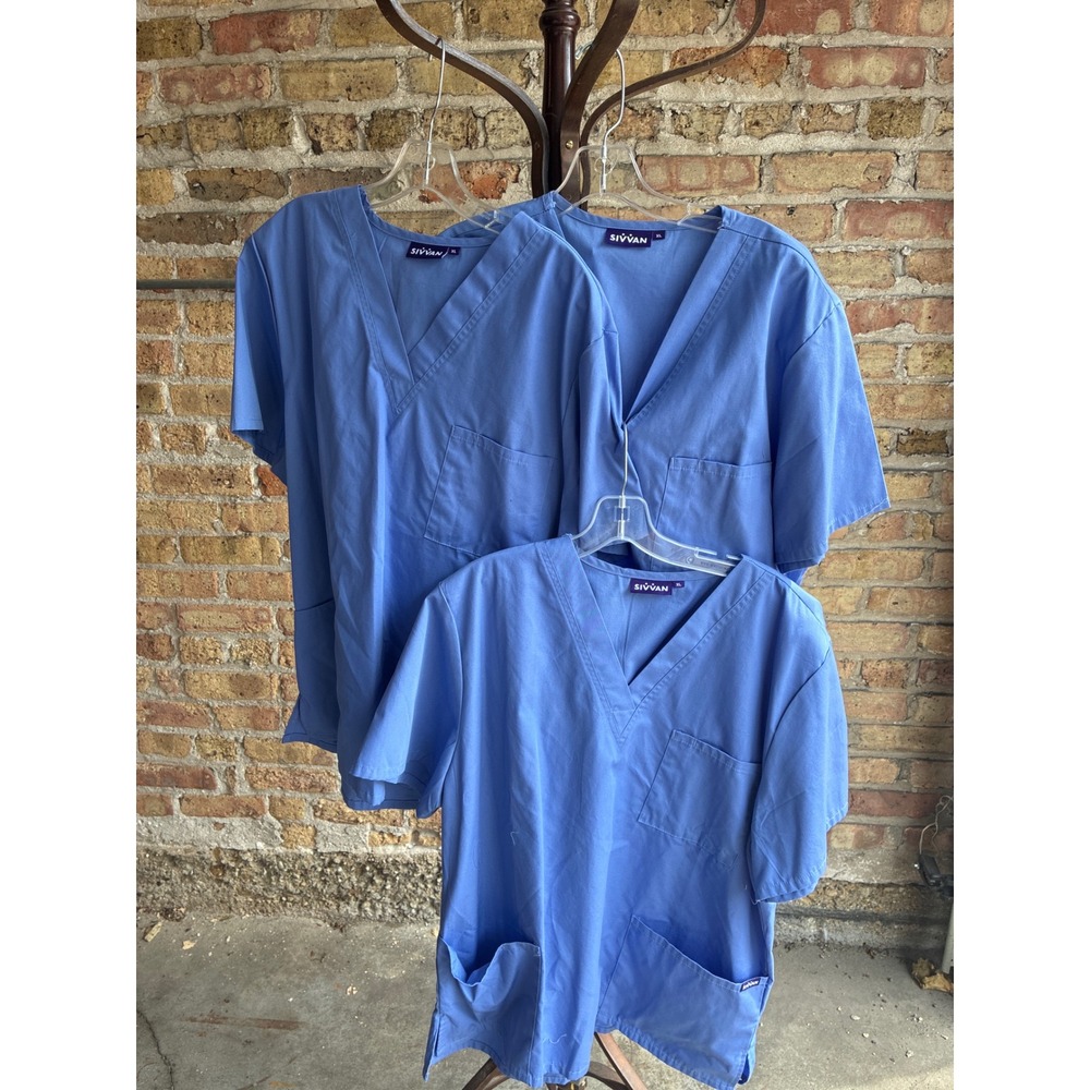 Sivvan Scrub‎ Tops Bundle of 3 Ceil Blue V-Neck 3-Pocket Medical Uniform XL